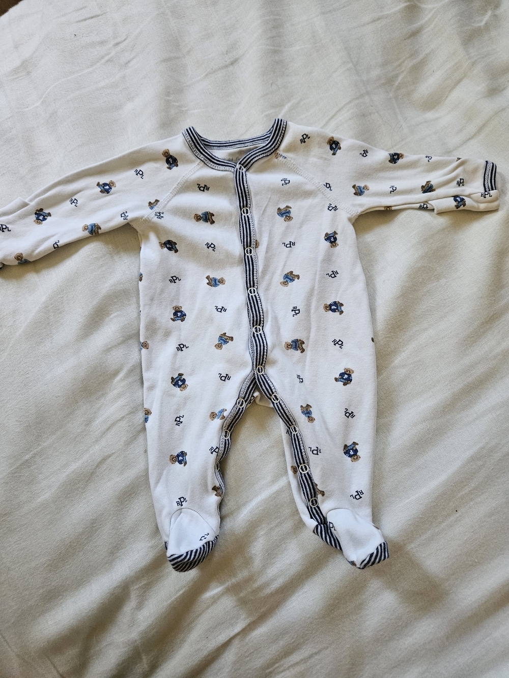 Ralph Lauren Footed One-Piece with Navy & Tan Bear Print Newborn 100% Cotton